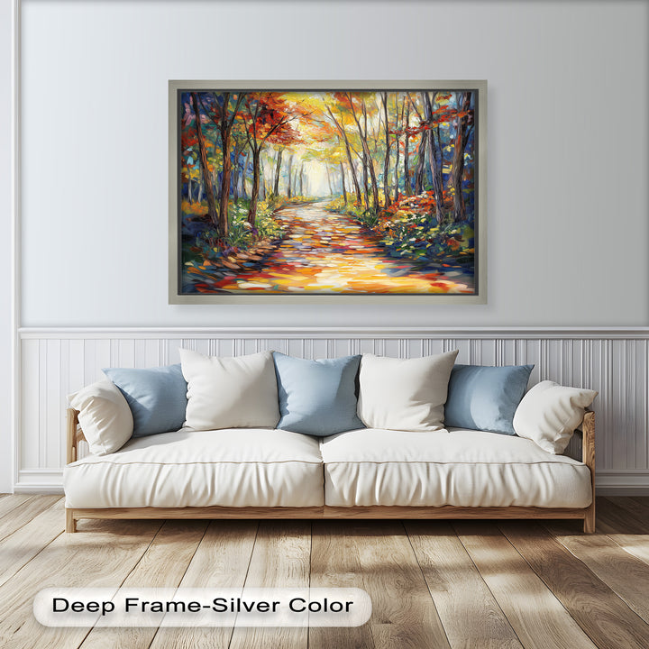 Step into a mesmerizing woodland escape with this vibrant oil painting. Featuring a sunlit pathway surrounded by golden foliage, deep reds, and cool blues, this impressionist masterpiece brings energy and warmth to any space.