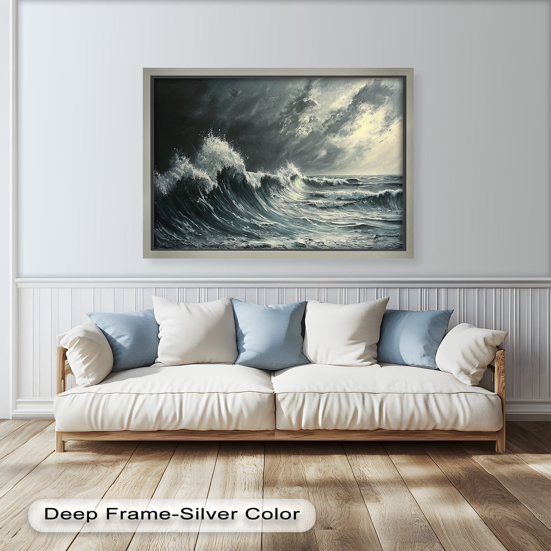 This powerful seascape painting captures the raw energy of stormy waves crashing under a dramatic, moody sky lit by a sliver of light.

