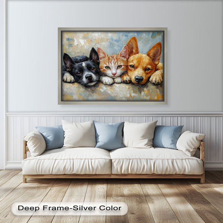 Cat and Dogs Resting Together - Animal Oil Painting