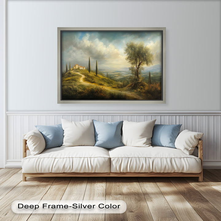A charming rural vista featuring a small house on a hill, tall cypress trees, and a soft golden light across the landscape.