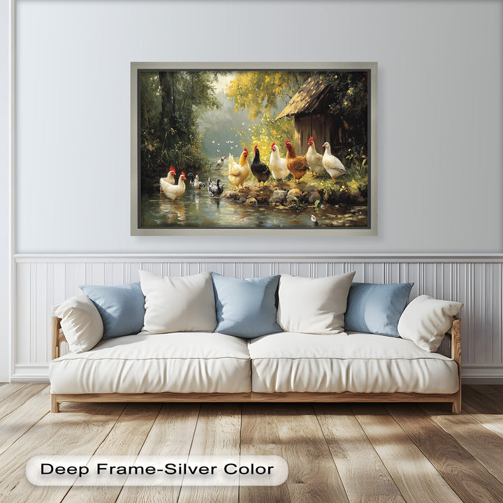 Country Farmyard Chickens by the Stream – Animal Oil Painting