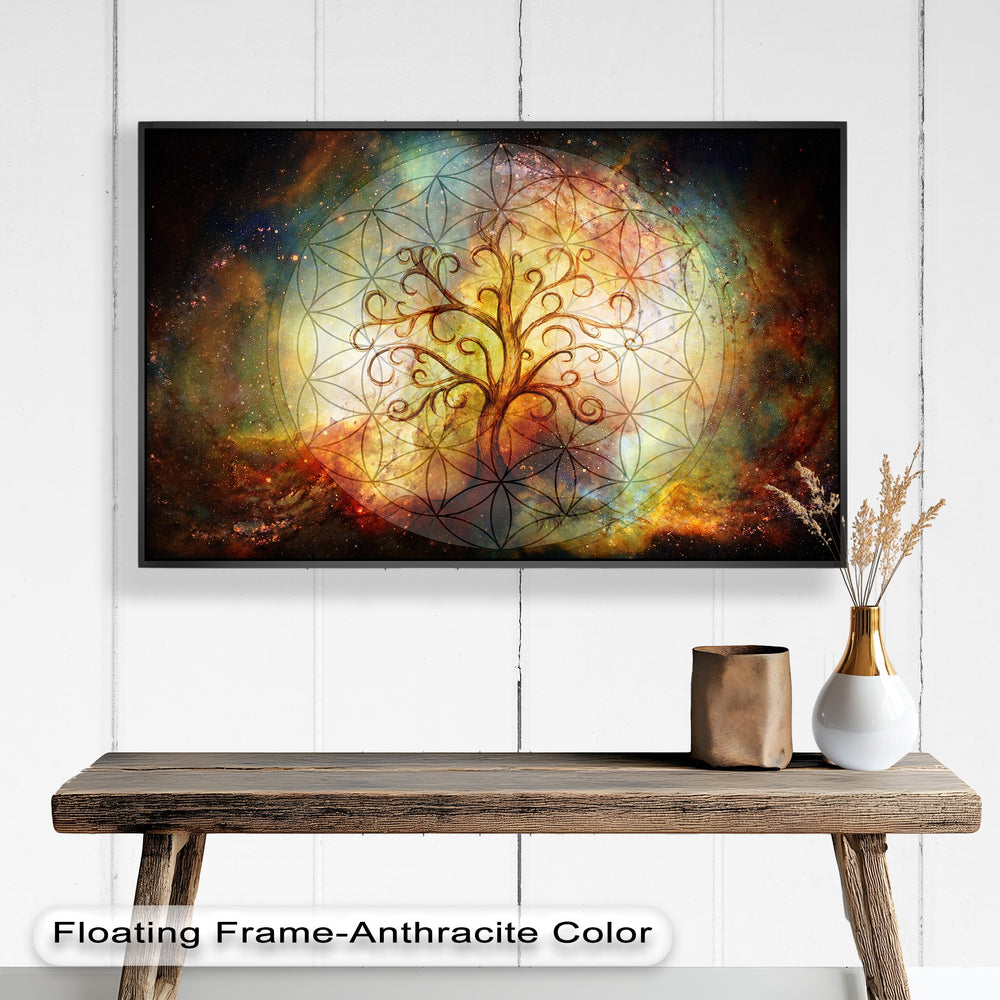 A stunning spiritual painting showcasing sacred geometry with a glowing Tree of Life, radiating energy and universal harmony