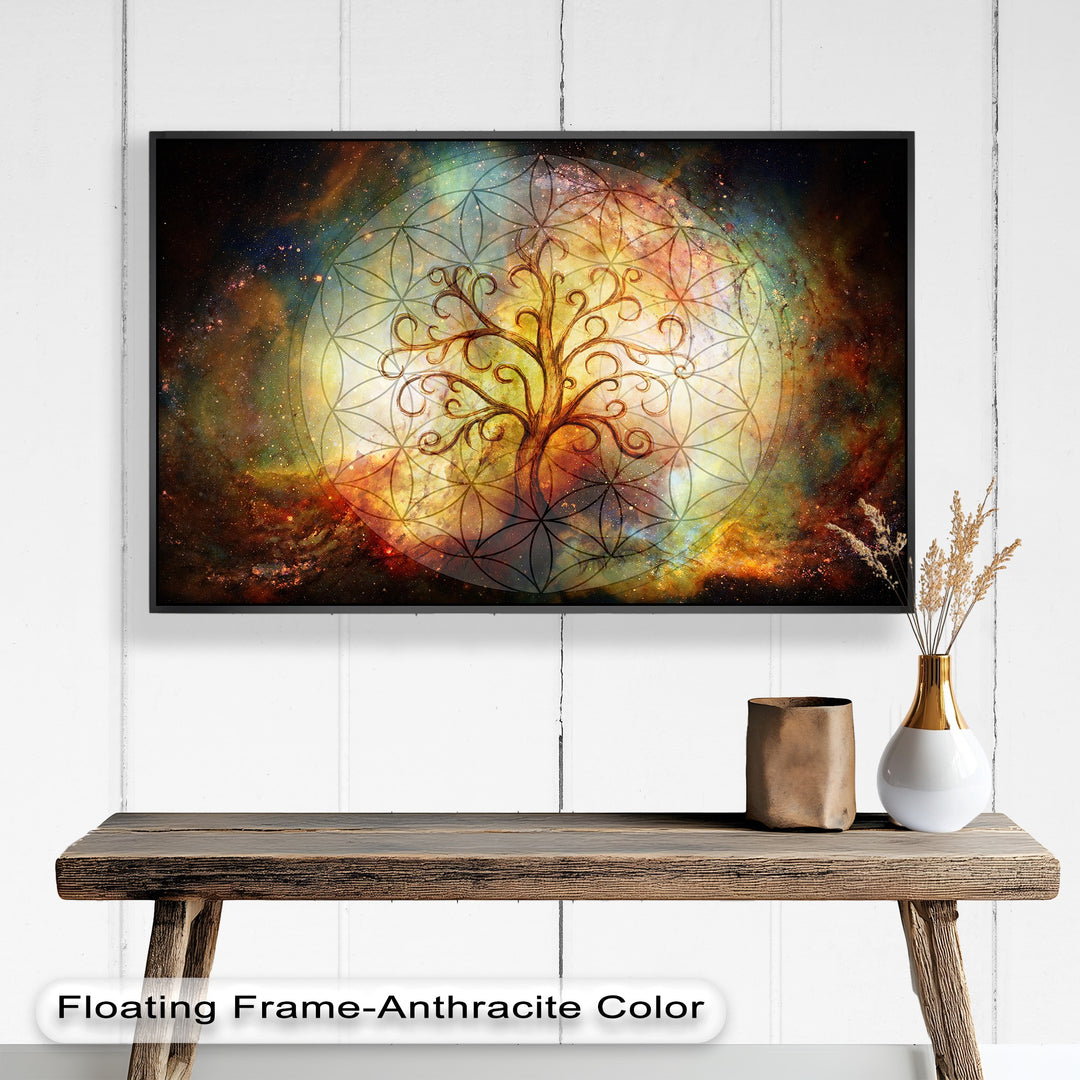 A stunning spiritual painting showcasing sacred geometry with a glowing Tree of Life, radiating energy and universal harmony