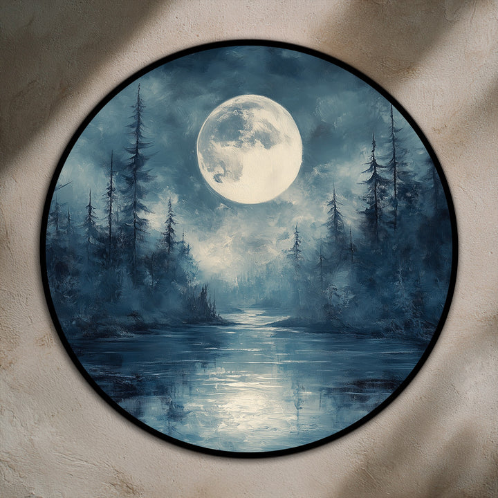 Deep shadows define the painting decoration, where the round oil painting's layers of misty forest and moonlight create stunning depth over the reflective river.