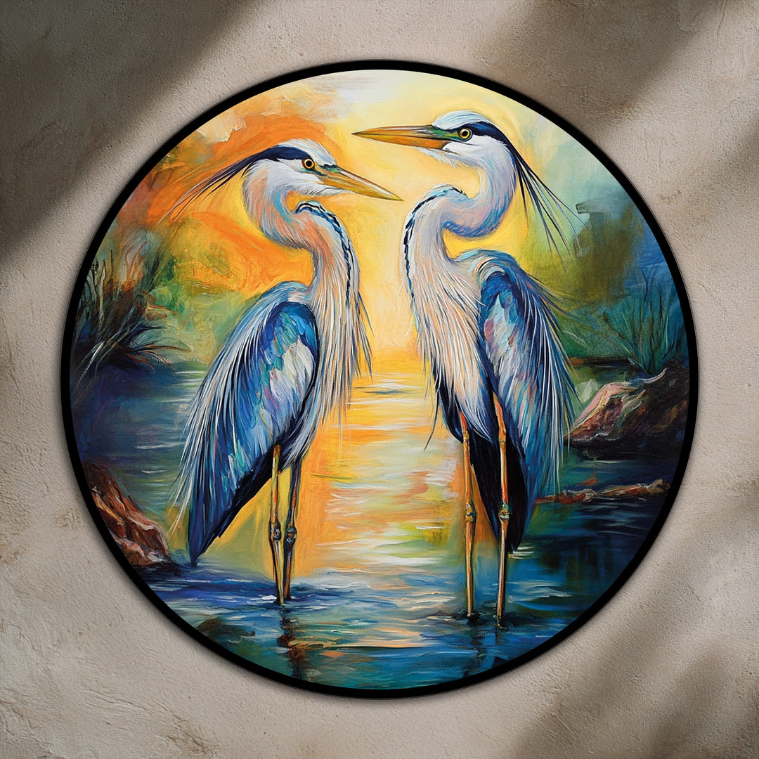 Vibrant color saturation brings forth the serene beauty of the 'Sunset Reflections' oil painting reproduction print, featuring graceful herons wading in vividly painted water.