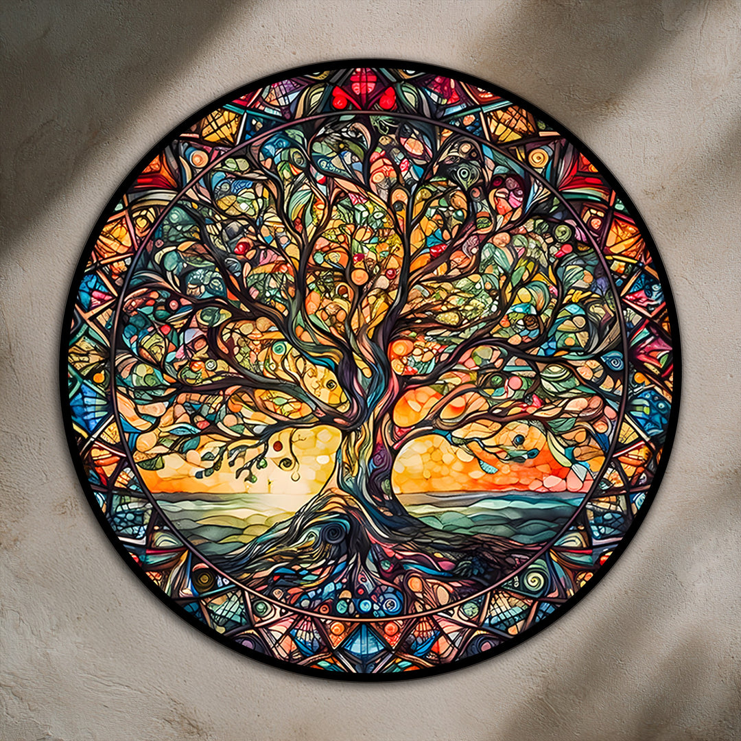 Showcasing the layering effect, this 'Radiant Harmony – Stained Glass Tree of Life Round Oil Painting' creates a visually appealing oil painting decoration.