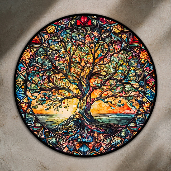 Showcasing the layering effect, this 'Radiant Harmony – Stained Glass Tree of Life Round Oil Painting' creates a visually appealing oil painting decoration.