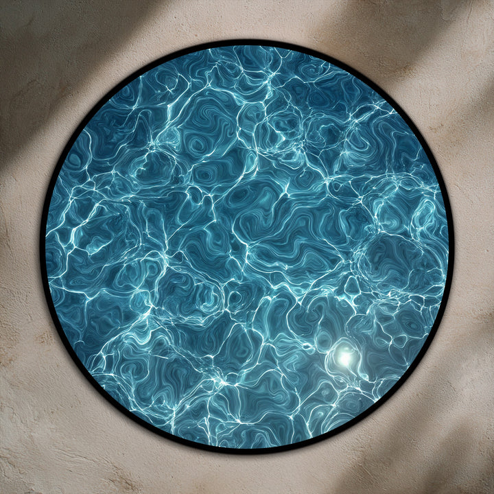 High color contrast defines the luminous water texture in this azure current oil painting artwork, where cool turquoise patterns meet bright shimmering reflections.