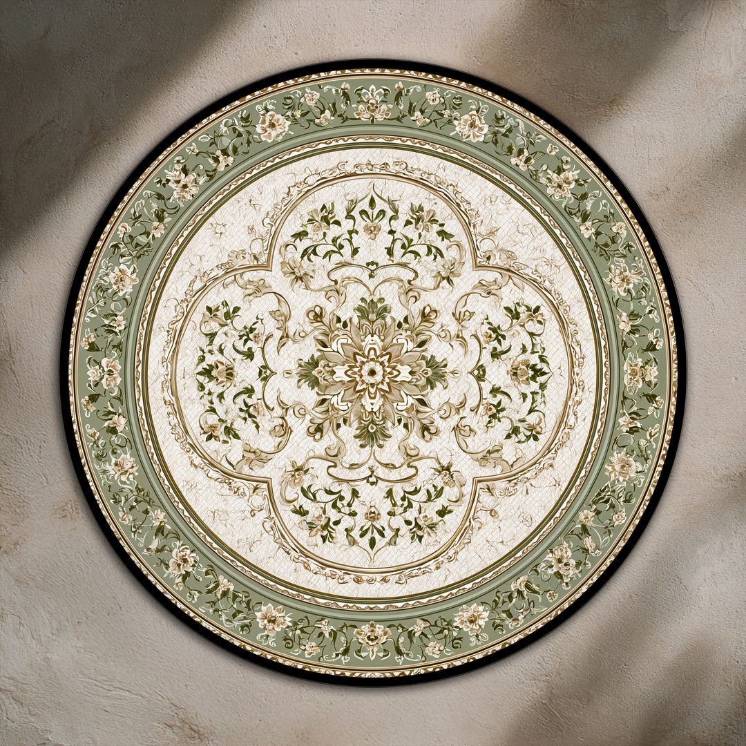Vintage Harmony – Mandala floreale rotondo verde salvia Quadro a Olio