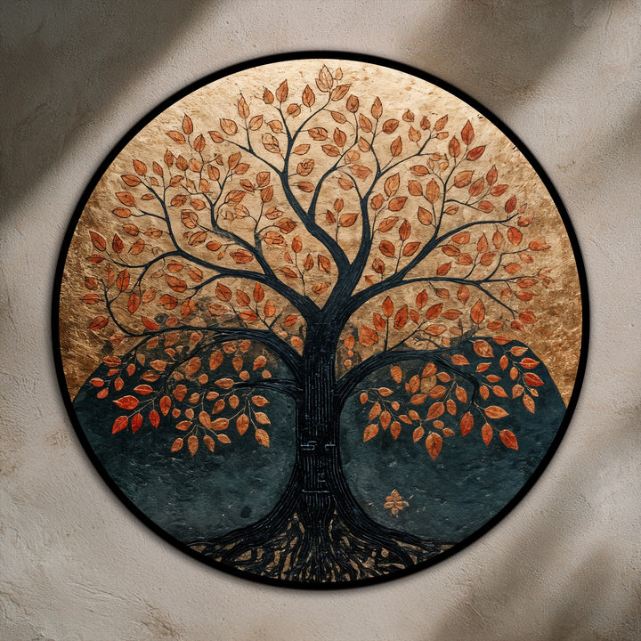 Showcasing the abstract quality, this Eternal Roots autumn tree round oil painting home decor combines copper and earthy tones for a timeless, symbolic look.