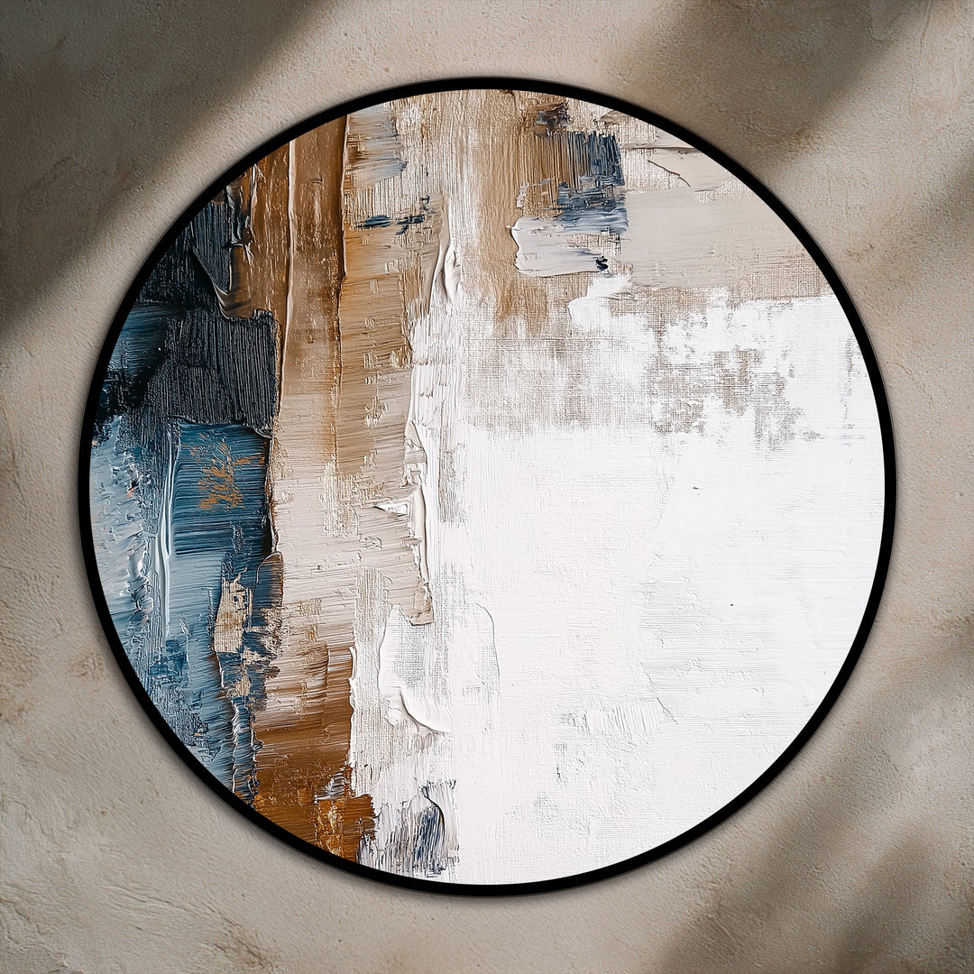 Layering effect is highlighted in this textured abstract round oil painting reproduction print, showcasing earthy browns, creams, and blues for a compelling horizon artwork.