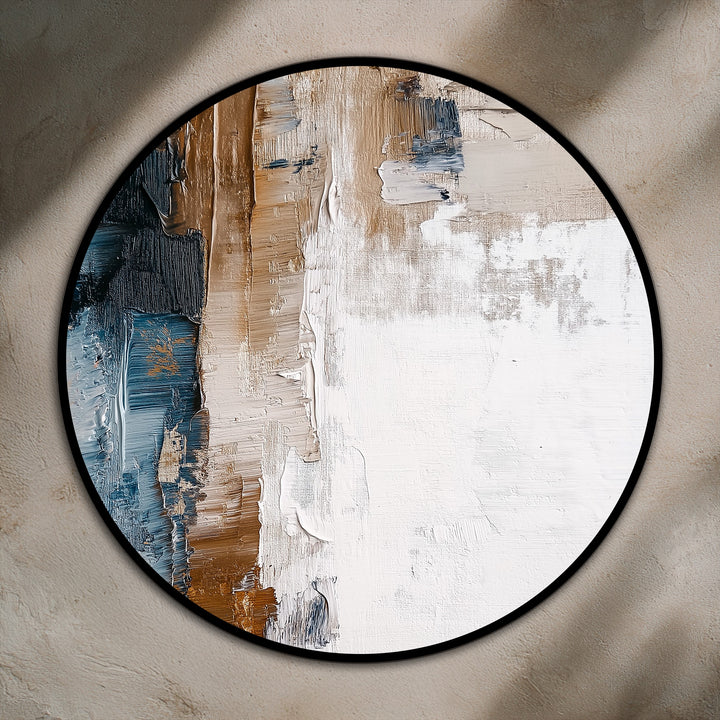 Layering effect is highlighted in this textured abstract round oil painting reproduction print, showcasing earthy browns, creams, and blues for a compelling horizon artwork.
