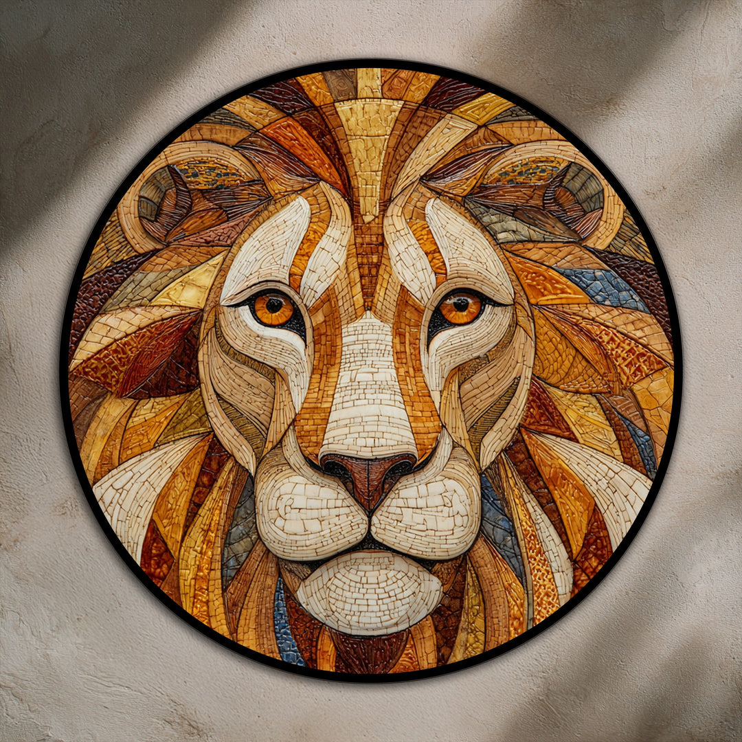 Soft mosaic patterns create a comforting texture in this golden dominion lion portrait round oil painting decoration, adding warmth to a bold piece of statement art.