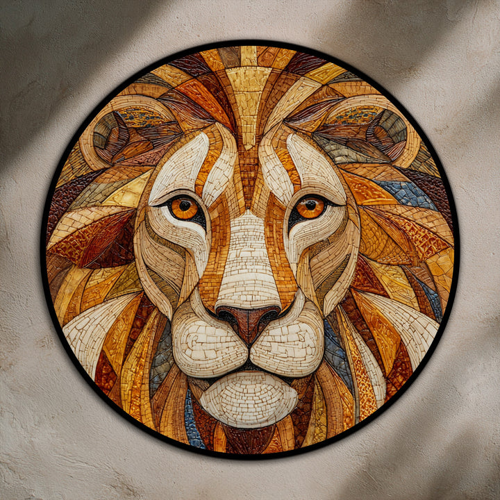 Soft mosaic patterns create a comforting texture in this golden dominion lion portrait round oil painting decoration, adding warmth to a bold piece of statement art.