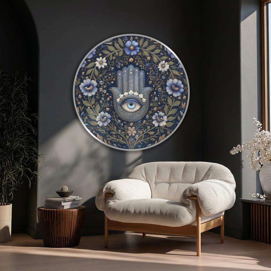 Warm light enhances the navy hues in this round Floral Hamsa Eye canvas art prints, creating an elegant and inviting spiritual botanical wall art piece.