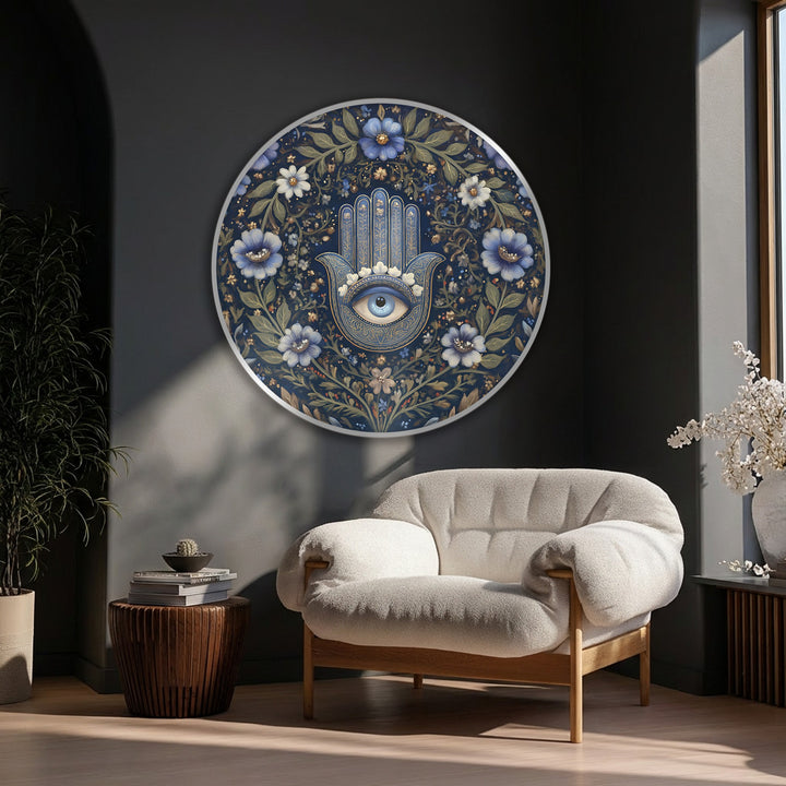 Warm light enhances the navy hues in this round Floral Hamsa Eye canvas art prints, creating an elegant and inviting spiritual botanical wall art piece.