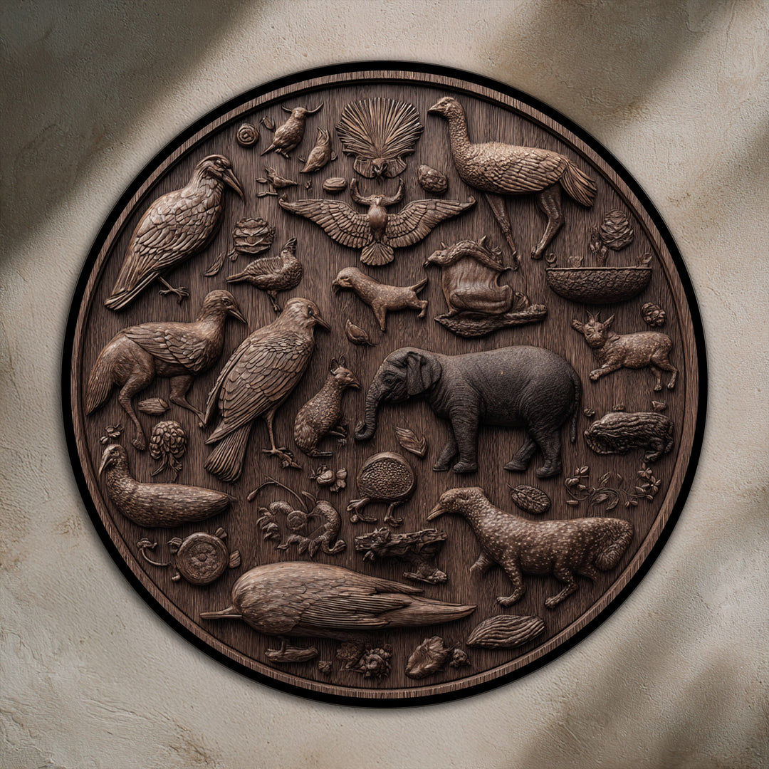 Showcasing the layering effect, this wildlife relief round oil painting artwork on wood displays intricately carved animals in overlapping tiers.