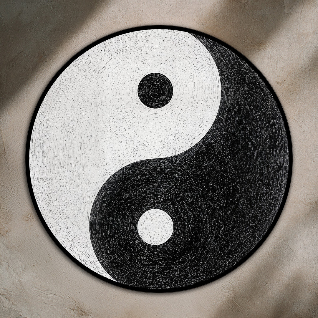 The darkest area of this Eternal Balance Yin Yang minimalist round oil painting artwork swirls with depth, contrasting the bright side to create visual harmony.