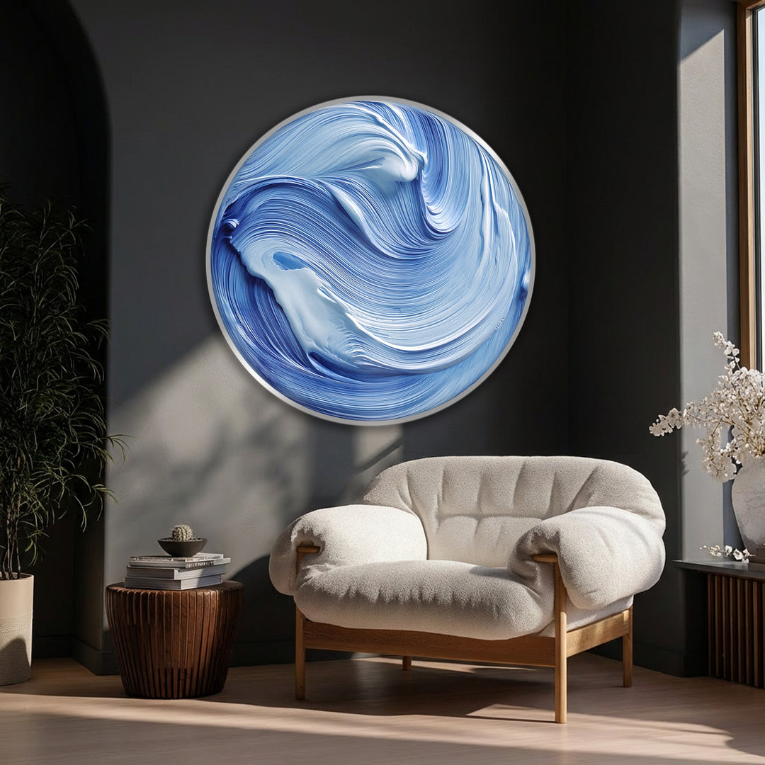 Ocean Flow Blue Abstract Round Canvas Print – Modern Wave Wall Art