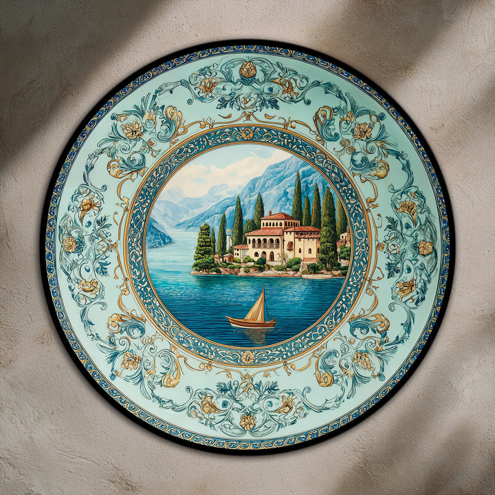Visible brushstrokes and impasto layers create a rich surface texture on this round oil painting art prints, depicting a Mediterranean villa by the lake.