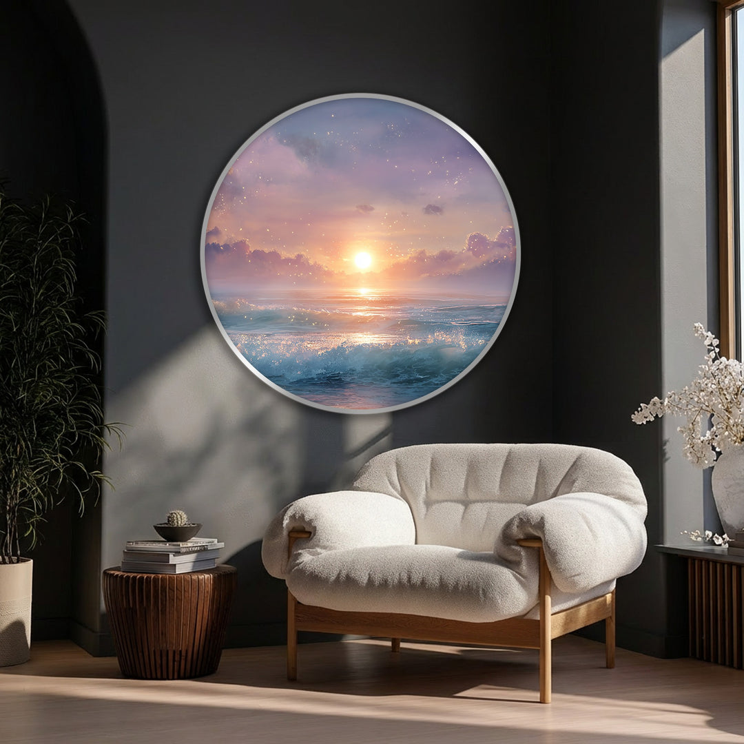 Textured big canvas prints highlight the tactile quality of the dreamlike sunset sparkle ocean round canvas print, where light dances across the seascape surface.