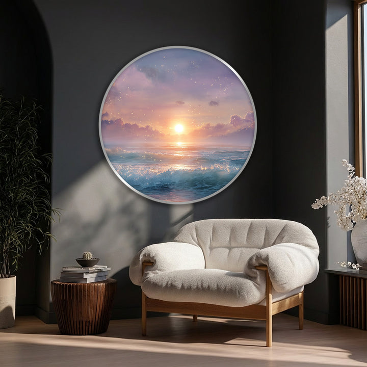 Textured big canvas prints highlight the tactile quality of the dreamlike sunset sparkle ocean round canvas print, where light dances across the seascape surface.