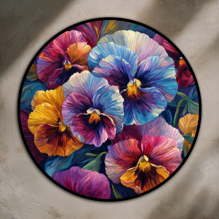 Circular format highlights the geometric layout of this vibrant pansy bloom oil painting artwork, with radiating petal lines creating a stunning floral focal point.