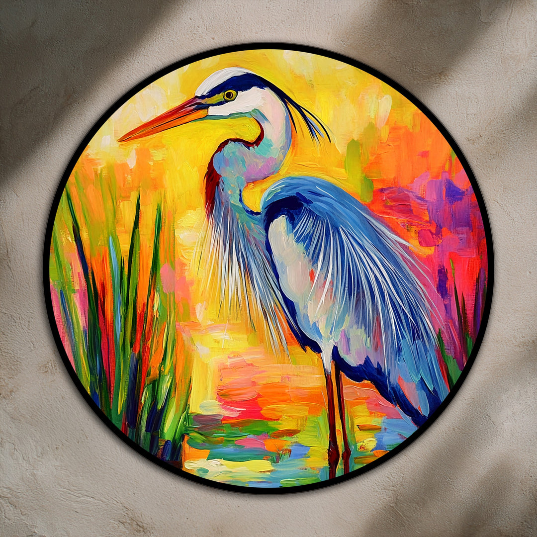 Radiant marsh showcases the transition between vibrant sunset tones, bringing the modern oil painting art of the colorful heron into a dance of blended hues.