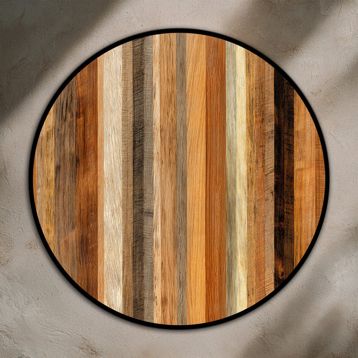 Geometric round oil painting decoration featuring vertical wood grain and a black circular frame, creating a focal point of natural rhythm.