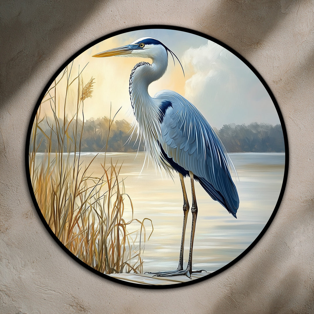 The curved composition showcases an animal oil painting reproduction print, where the heron's fluid form harmonizes with the surrounding marsh reeds and tranquil waters.