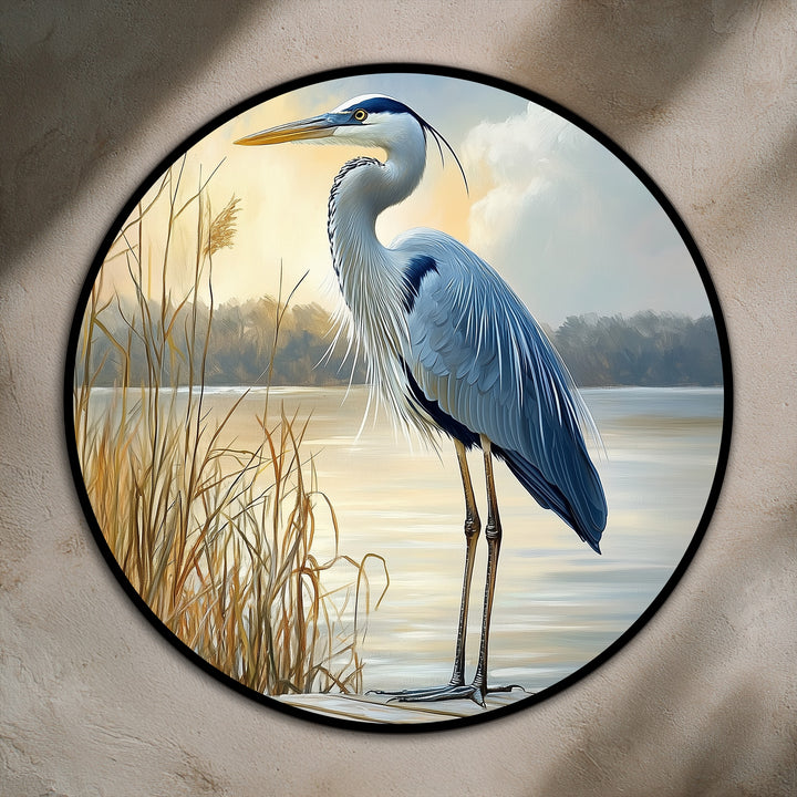 The curved composition showcases an animal oil painting reproduction print, where the heron's fluid form harmonizes with the surrounding marsh reeds and tranquil waters.