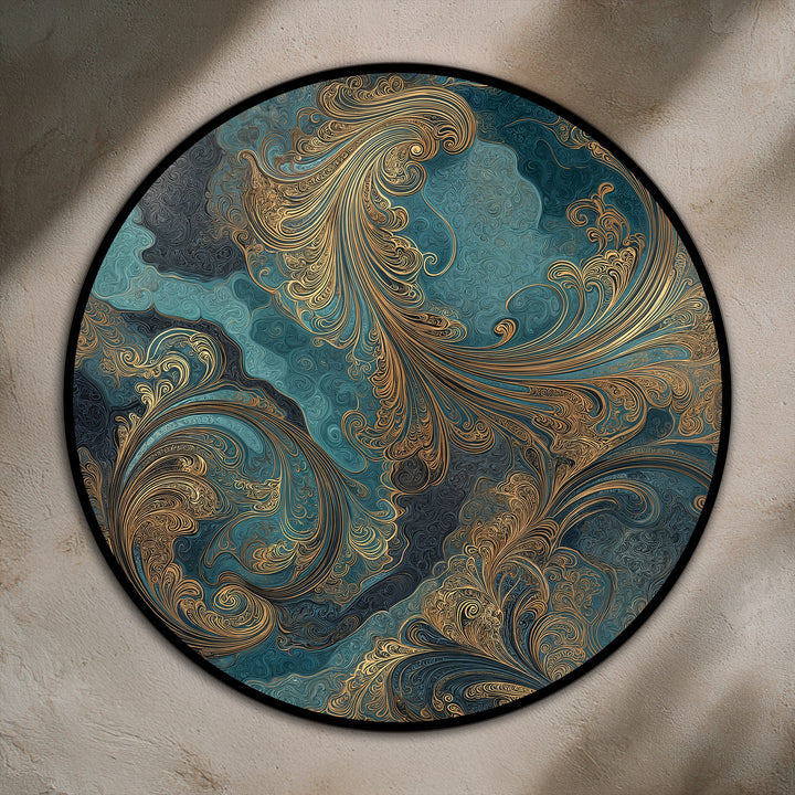 Circular in shape, this oil painting art piece showcases the 'Gilded Ocean Whispers' in an abstract teal round design oriented for striking wall display.