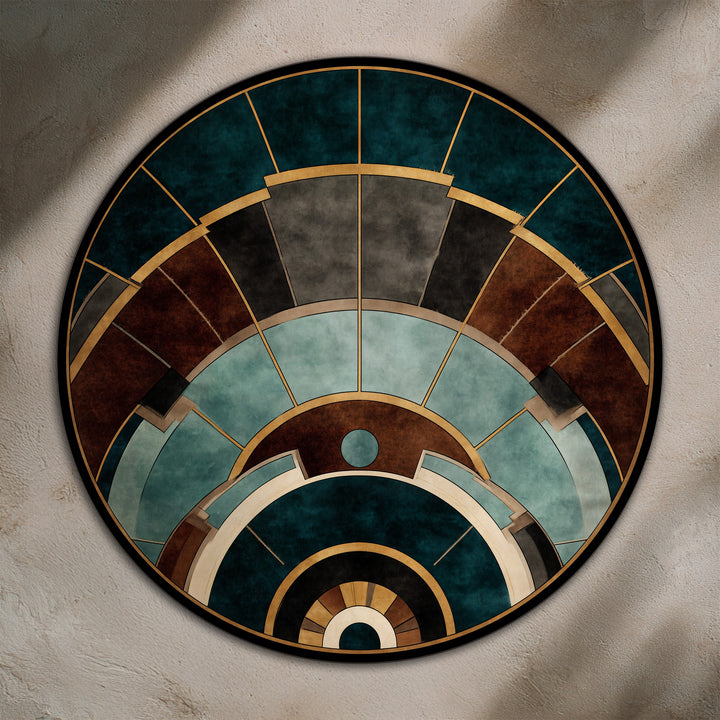 Dominated by teal, brown, and gold, this architectural arcs geometric round wooden oil painting art piece showcases a rich palette in a captivating circular design.