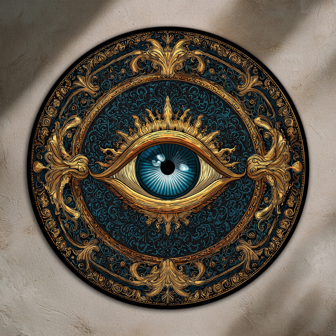 Foreground detail presents an intricate oil painting art piece, showcasing a celestial eye design with ornate gold detailing on a round wooden wall art.