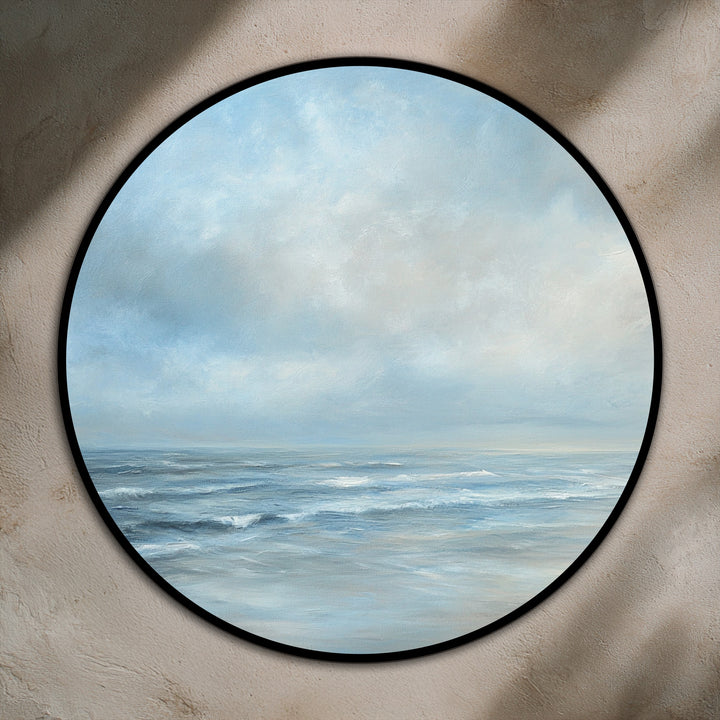 Shadows play across a serene seascape round oil painting, highlighting the depth and texture of the calming ocean waves, bringing dimension to these oil painting art prints.