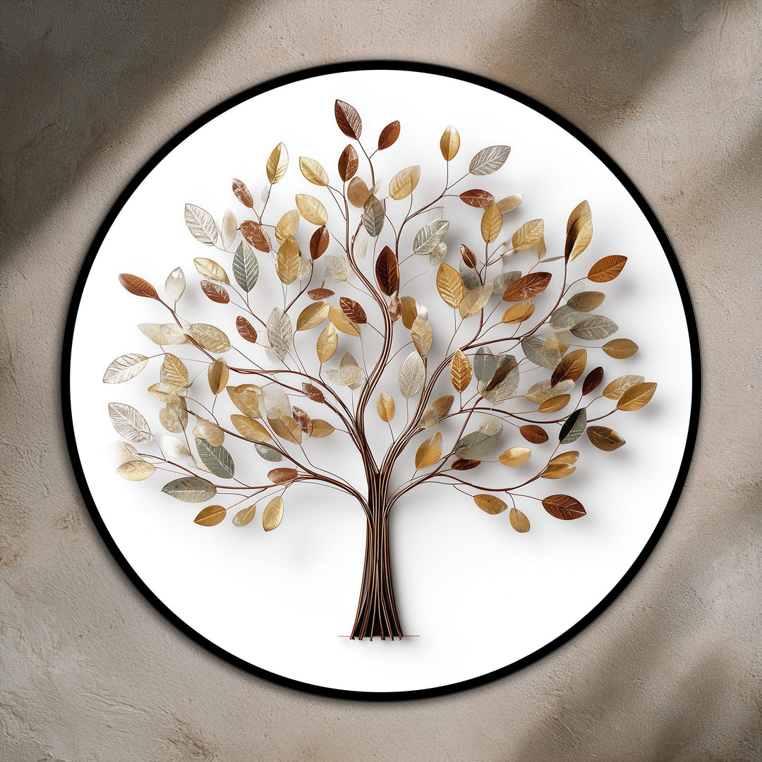 The darkest area highlights the intricate details of the elegant, round golden leaf tree oil painting reproduction print, adding depth to the modern botanical design.