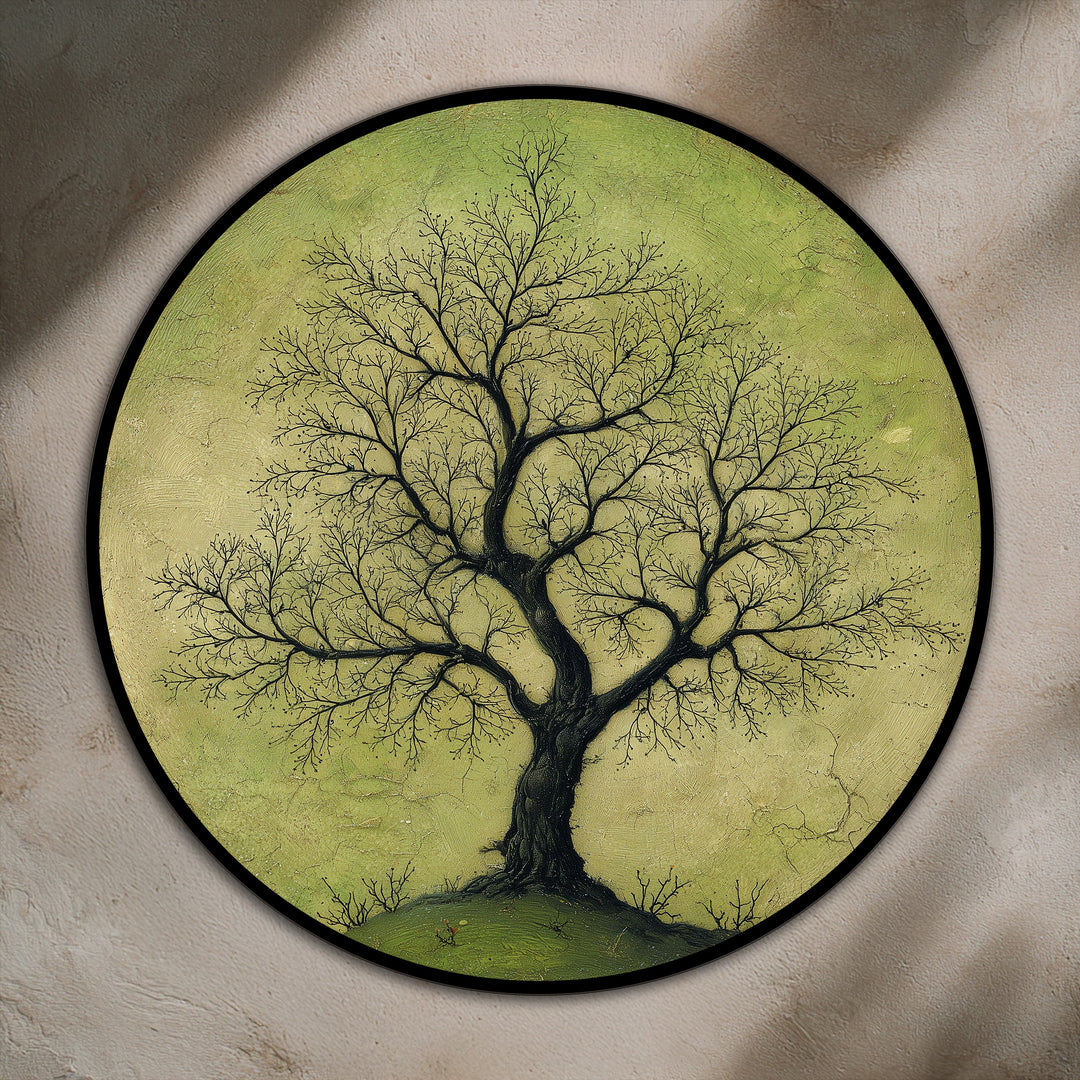 Exhibiting a tactile texture, this round oil painting home decor piece features a solitary tree rendered with meticulous brushstrokes for a striking nature-inspired work.