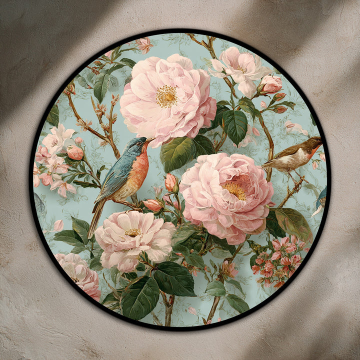 Focusing on the focal point, the Blossoming Garden with Songbirds Round Oil Painting is a vintage-inspired oil painting home decor that showcases a captivating botanical scene.