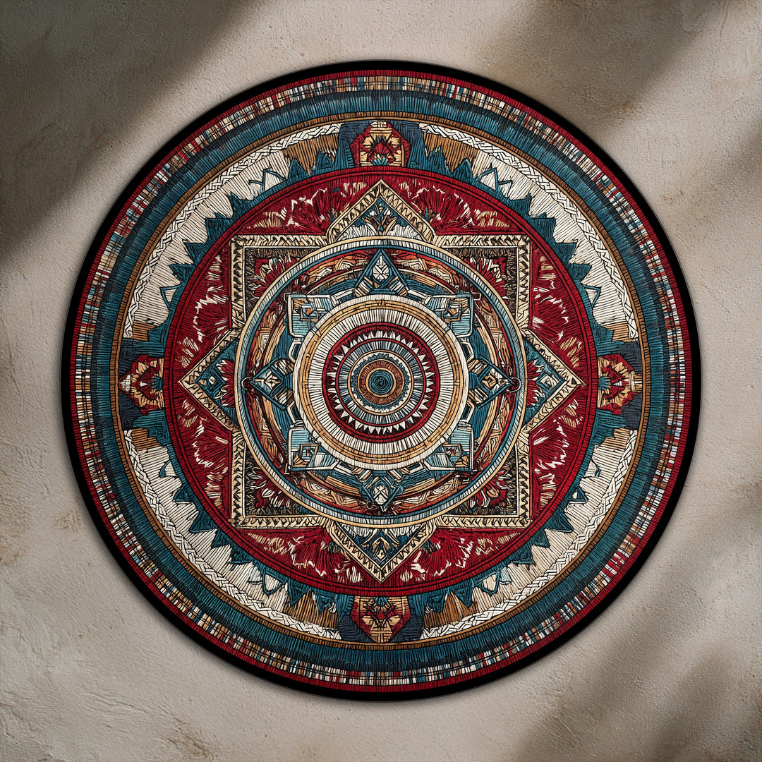 Visual rhythm flows across this ornate geometric mandala round oil painting, creating a mesmerizing example of oil painting home decor.