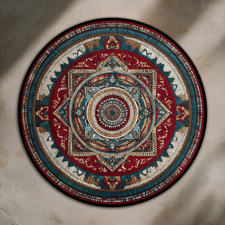 Visual rhythm flows across this ornate geometric mandala round oil painting, creating a mesmerizing example of oil painting home decor.
