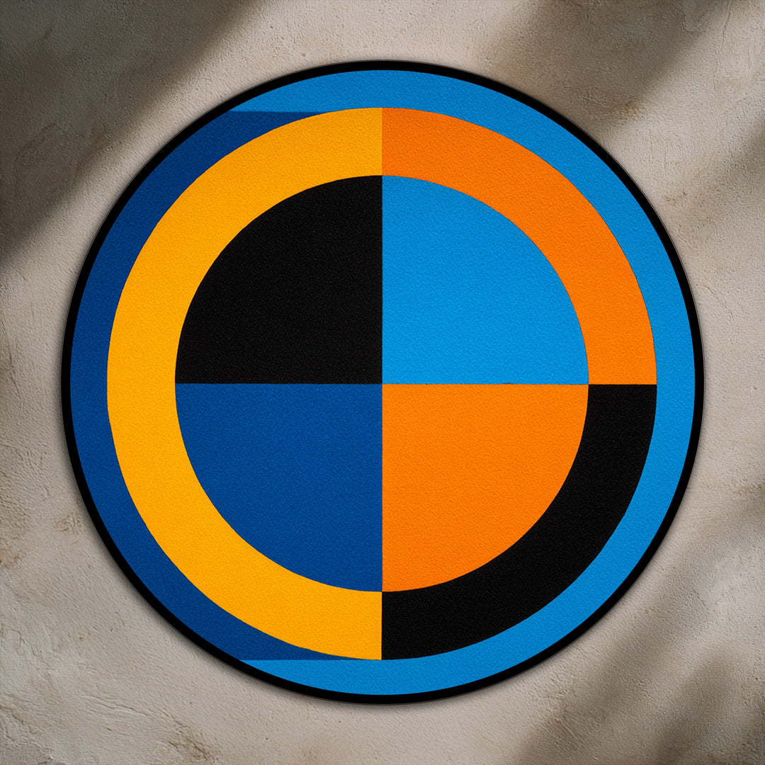 Organic forms define this bold geometry in blue and orange, showcasing a striking example of modern abstract round oil painting art prints.