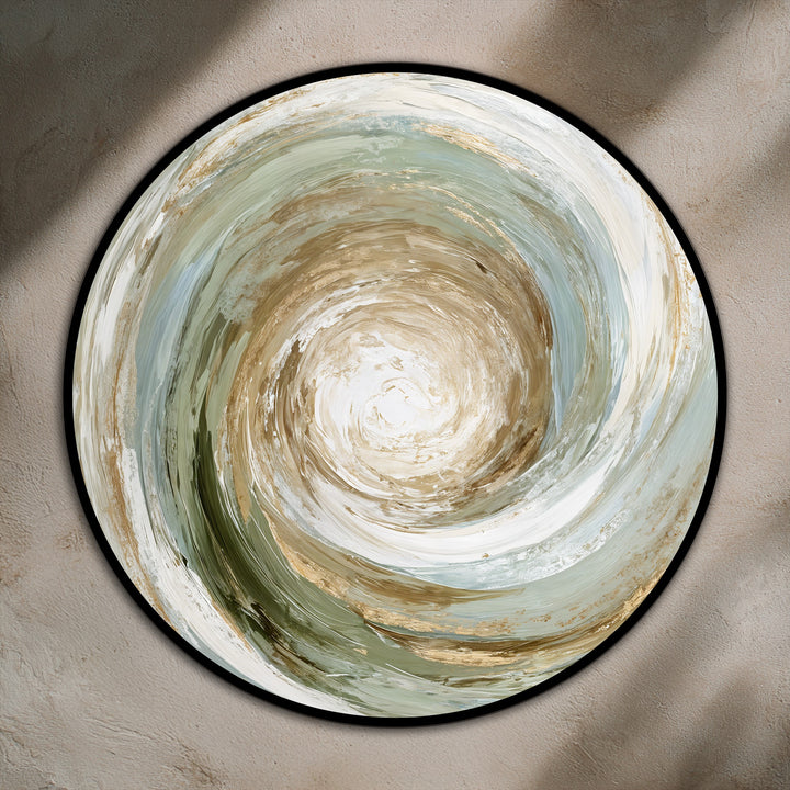 Focusing on the focal point, this earth-toned spiral abstract round showcases the beauty of oil painting artwork with creamy swirls and a hint of metallic gold.