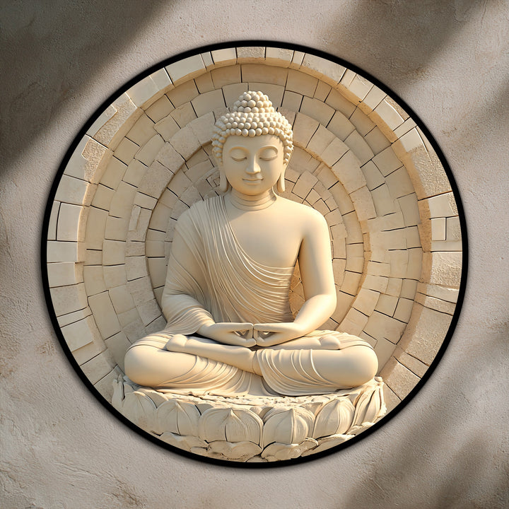 Sublime ivory Buddha round oil painting artwork is distinguished by the textured stone background, creating an elevated, spiritual focal point.