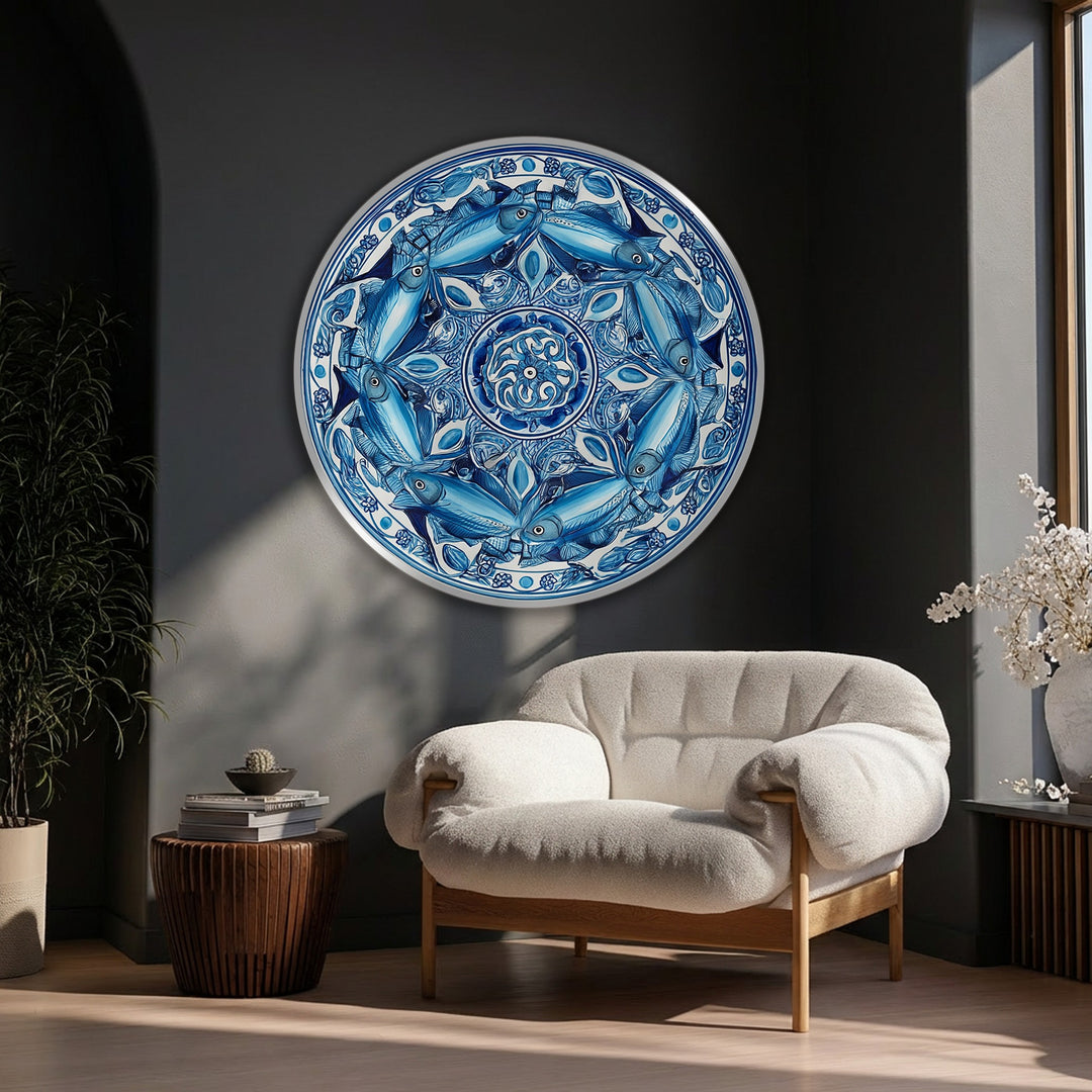 High-quality canvas pictures display the intricate details of the Blue Fish Mandala Round Canvas Print, highlighting the durable material and vibrant coastal art.