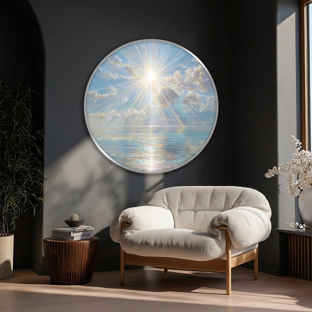 Celestial Sun Rays Over Calm Sea Round Canvas Print – Luminous Ocean Wall Art