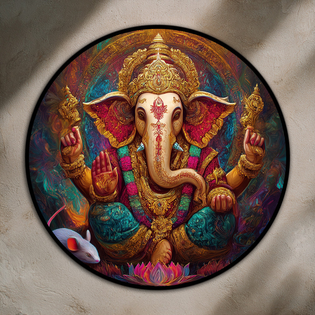 Foreground lotus blossoms grace this divine prosperity Ganesha radiant gold oil painting art prints, illuminating the spiritual gold wall art with vibrant color.