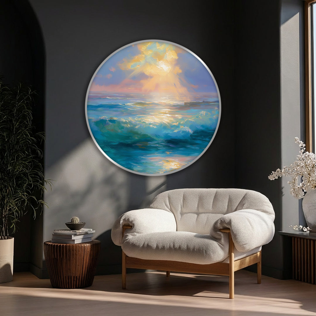 Golden Light Over Turquoise Waves Round Canvas Print – Serene Ocean Sunrise Wall Art