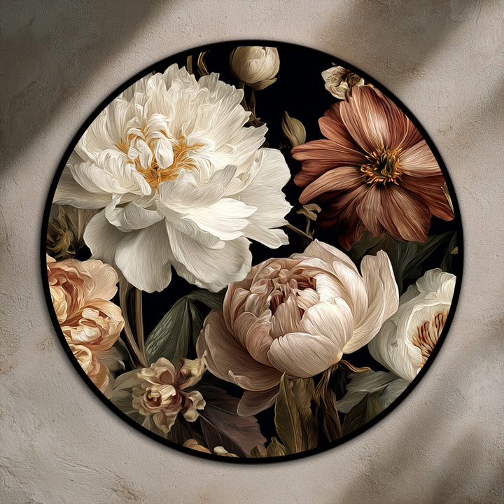 Featuring a fine art floral design, the velvety finish enhances this classic oil painting reproduction print of the Velvet Bloom peony arrangement.