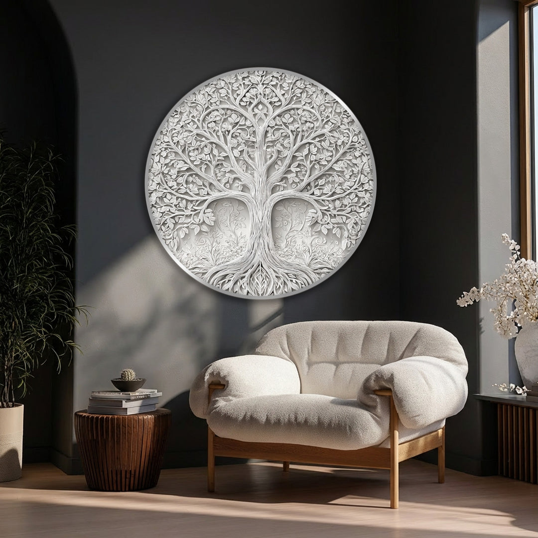 Elegante stampa su tela rotonda con rilievo dell'Albero della Vita - Arte botanica da parete bianca