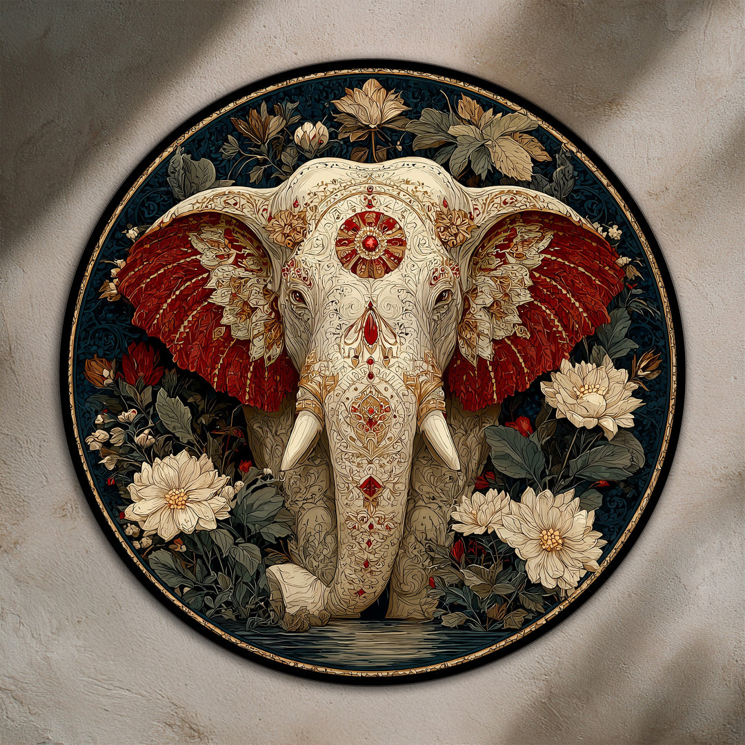 The darkest area showcases the ornamental round oil painting's navy floral background, a striking contrast to the decorated sacred elephant, making it a stunning oil painting home decor accent.